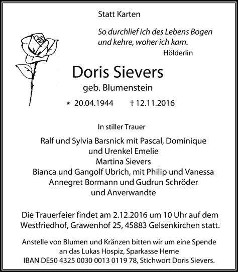 Traueranzeigen Von Doris Sievers Trauer In Nrw De