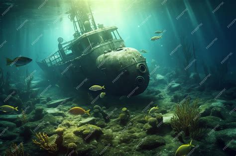 Premium AI Image | Submarine wreckage under the water wallpaper