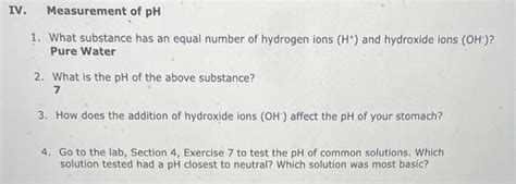 Solved Iv Measurement Of Ph What Substance Has An Equal Chegg