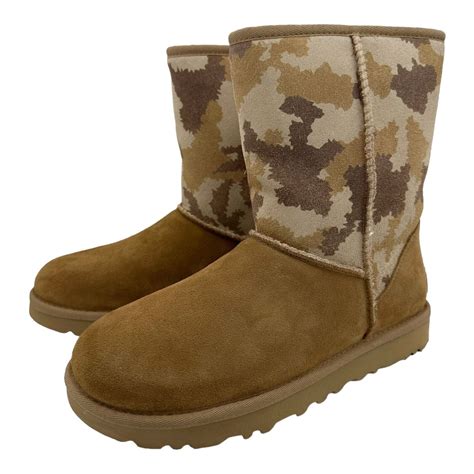 Ugg Short Jagged Camo Chestnut Suede Sheepskin Womens Boots Size Us 9