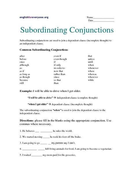 Subordinating Conjunctions Worksheet For 6th 7th Grade Lesson Planet