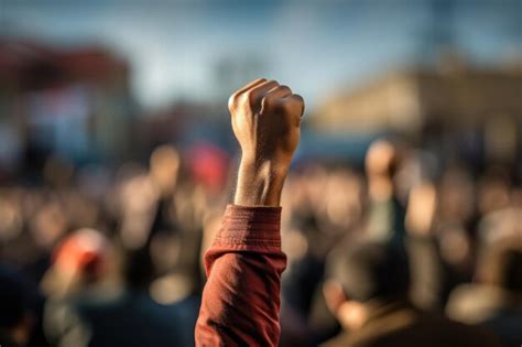 Un Pu O Levantado De Un Manifestante Gran Grupo De Manifestantes Con