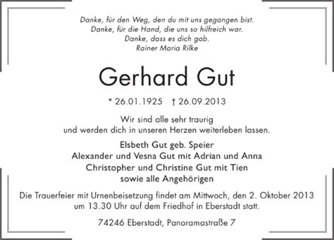 Traueranzeigen Von Gerhard Gut Trauerundgedenken De