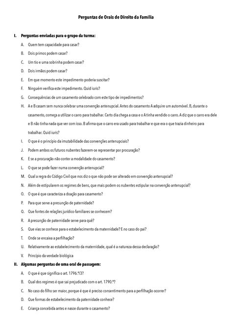 Perguntas Orais de Direito da Família Perguntas de Orais de Direito
