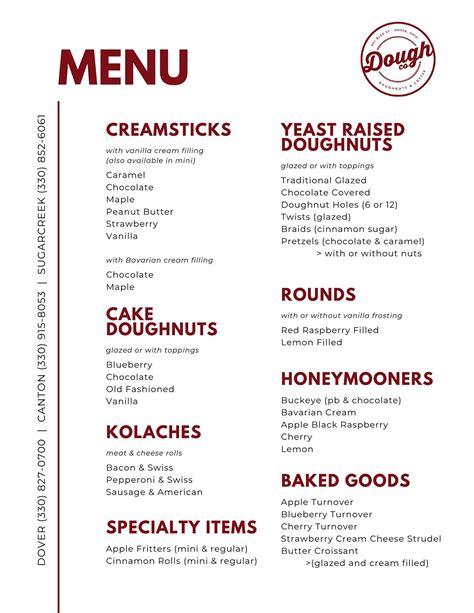 Menu at Dough Co. Doughnuts & Coffee cafe, Dover