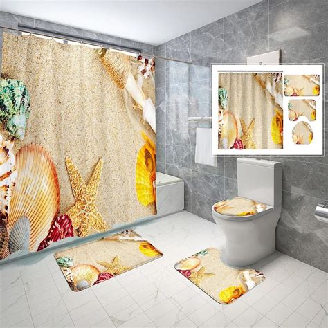 Pcs Shower Curtain Set Seaside Beach Shell Starshower Curtain