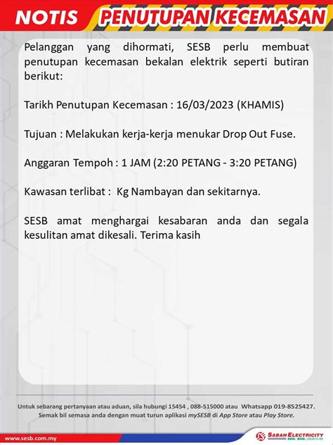 SESB Careline On Twitter 16 03 2023 TAMBUNAN NOTIS PENUTUPAN