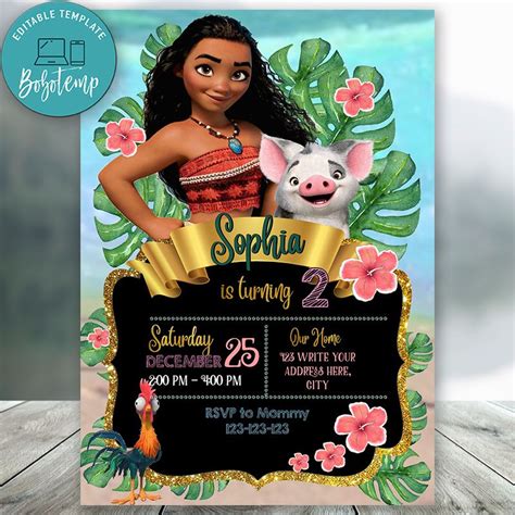 Editable Disney Princess Girl Moana Birthday Invitations Diy