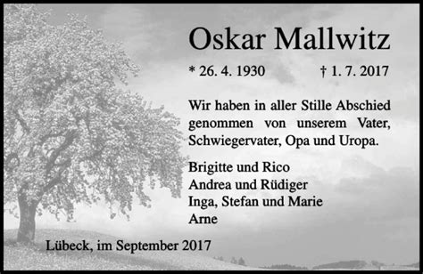 Traueranzeigen Von Oskar Mallwitz Trauer Anzeigen De