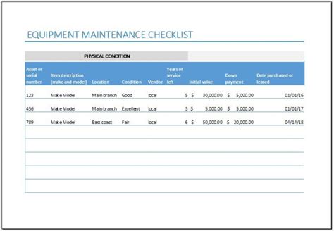 Equipment Maintenance Checklist Template for Excel | Save