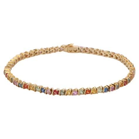 18k Yellow Gold Natural Multi Sapphire And Diamond Tennis Bracelet For