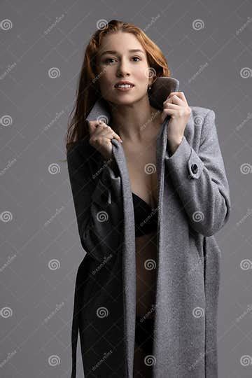 Alluring Red Model In Lingerie Undress Gray Coat Stock Image Image Of Fetish Gorgeous 213857921