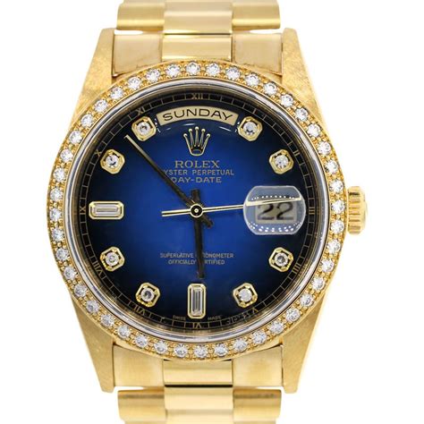 Rolex Day Date 18348 18k Yellow Gold Diamond Bezel Blue Face Dial Watch