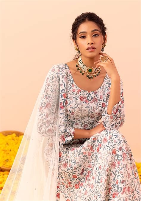 Buy Women Ivory Floral Print Anarkali Kurta And Dupatta Set Of