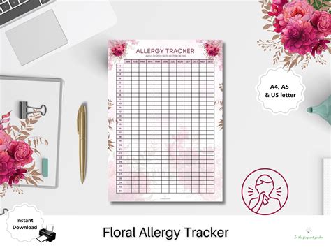 Printable Allergy Tracker Daily Floral Hayfever Log Pdf Improve Allergies Trigger Track Check