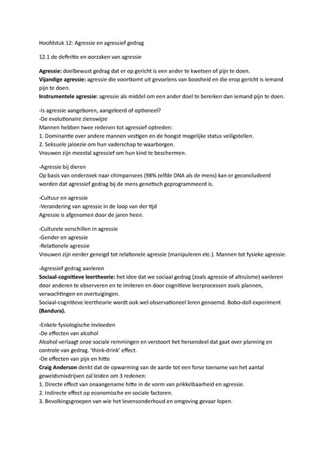 Sociale Psychologie Hoofdstuk 12 Samenvatting Hoofdstuk 12 Agressie