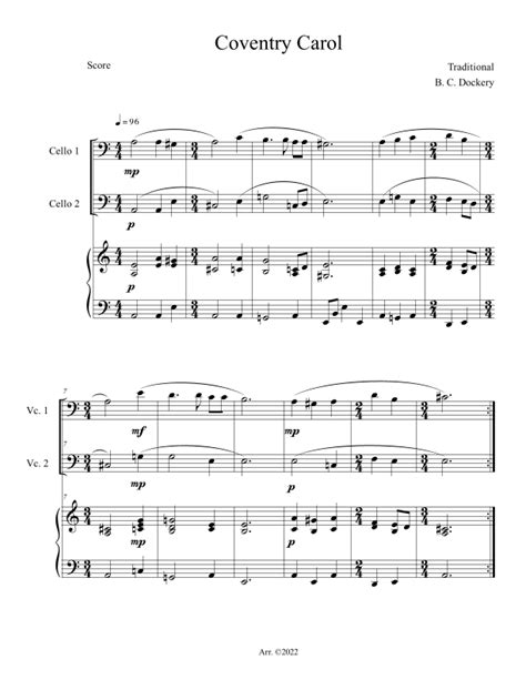 Coventry Carol Cello Duet With Piano Accompaniment Arr B C Dockery By Traditional Sheet