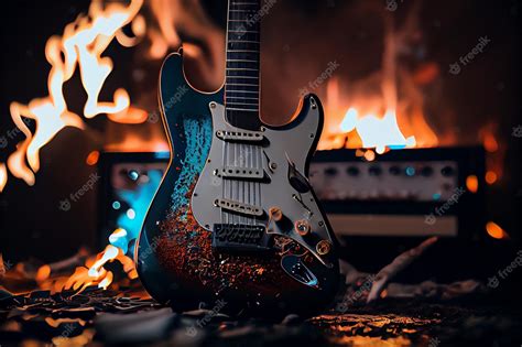 Premium Photo Electric Guitar In Front Of Burning Fireplace Electric Guitar On Fire