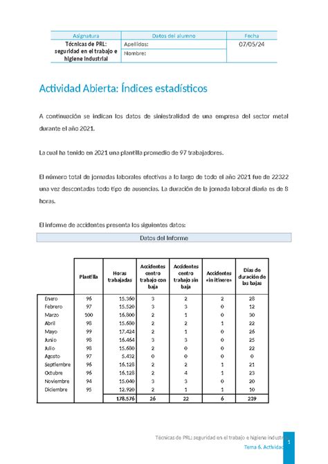 Trabajo Indices T Cnicas De Prl Seguridad En El Trabajo E Higiene