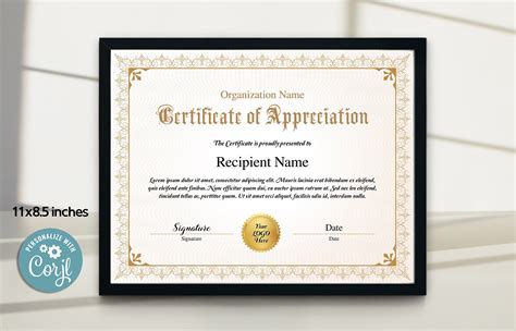 11x8 5 Certificate Of Appreciation Printable Elegant Gold Etsy