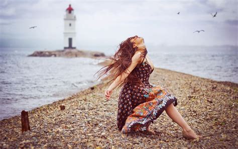 Women Brunette Beach Sea Red Dress Sun Windy Sand Clouds Nature Hd