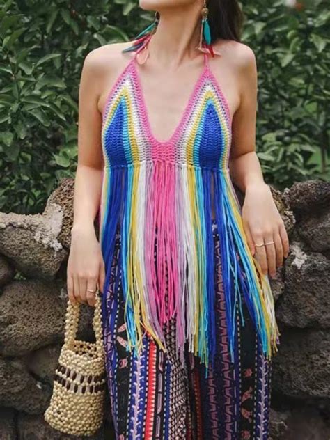 Emmiol Free Shipping Fringed Color Block Crochet Knitted Halter