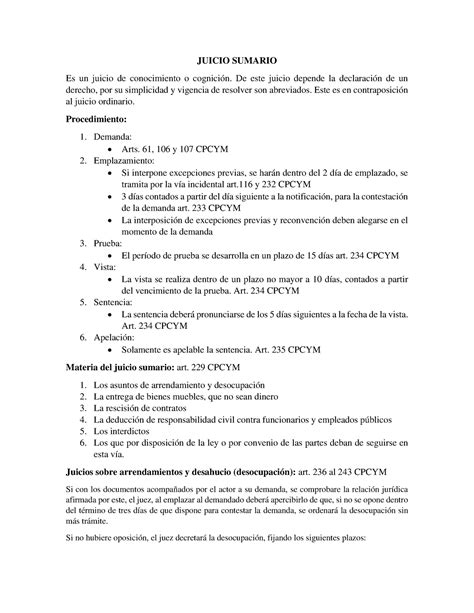 Apuntes Procesal Civil II Parcial II JUICIO SUMARIO Es Un Juicio De