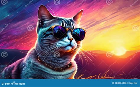 Funny Illustration With A Cute Cat Wearing Sunglasses 4k Stock