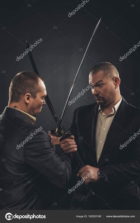 Businessmen Fighting Katana Swords Isolated Black — Free Stock Photo ...