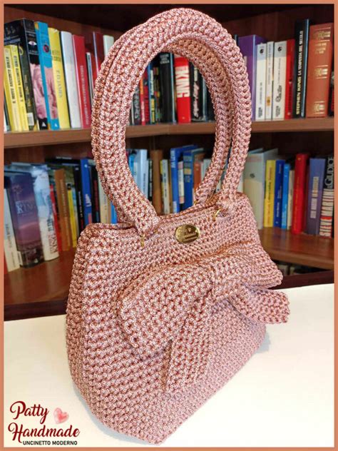 Borsa FIOCCO Realizzata Ad Uncinetto In Cordino Color Rosa Antico