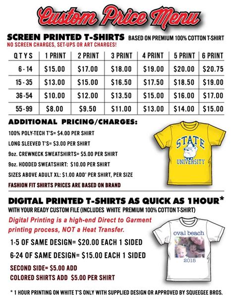 T Shirt Price List Template