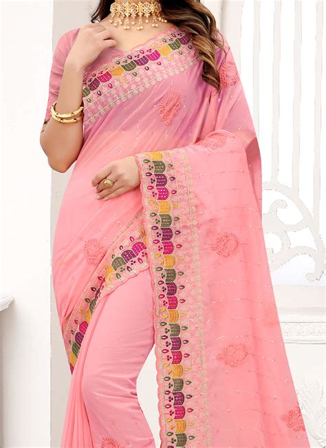 Shop Peach Faux Georgette Embroidered Saree Party Wear Online At Best