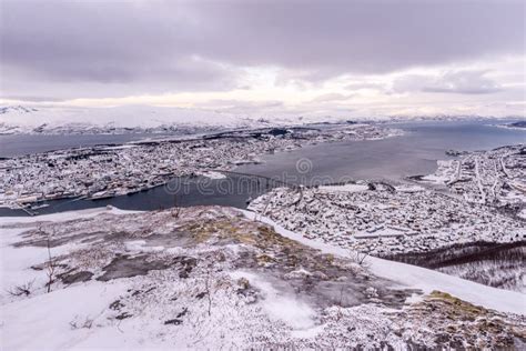 Panoramic View Of The Snow Covered City Of Tromso Norway Stock Image