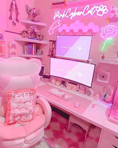 Pastel Pink Gaming Setup Desk Gamer Room Video Game Room Design