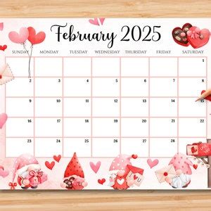 EDITABLE February 2025 Calendar, Sweet Valentine 2025 With Cute Gnomes ...