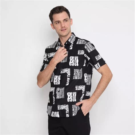 Jual Platini Platini Kemeja Motif Print Pria Lengan Pendek Katun Hitam