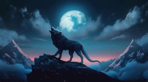 Premium AI Image | A wolf standing on top of a mountain under a full ...