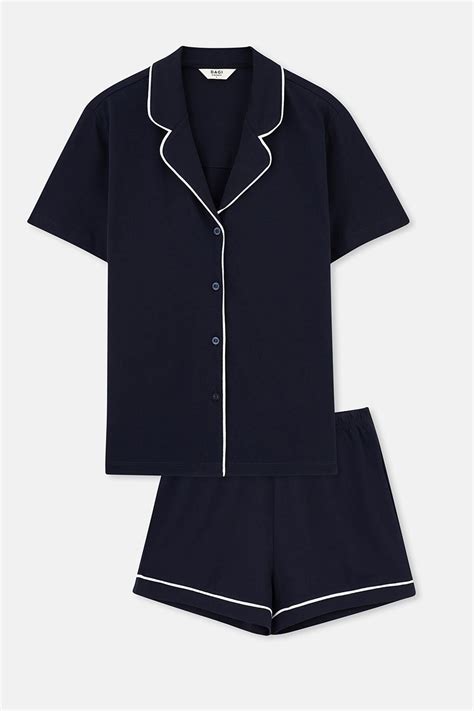 Dagi Marineblaues Pyjama Set Aus Hemd Und Shorts Mit Paspelierung