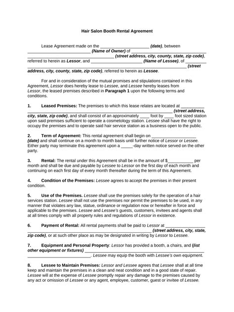 Salon Rental Agreement Template Prntbl Concejomunicipaldechinu Gov Co