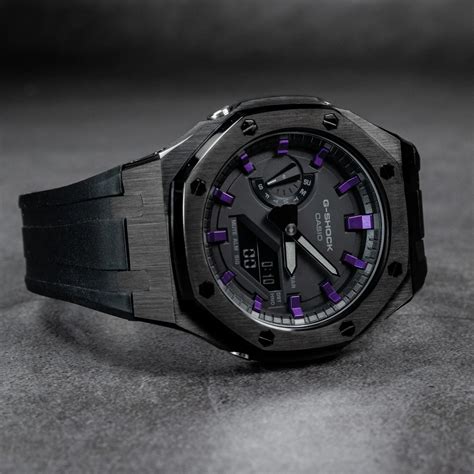 G Shock Mod With Black Steel Case Black Strap Purple Hour Markers