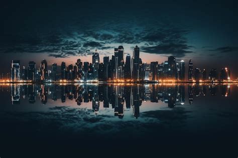 Premium AI Image A City Skyline With A Dark Sky And The Lights