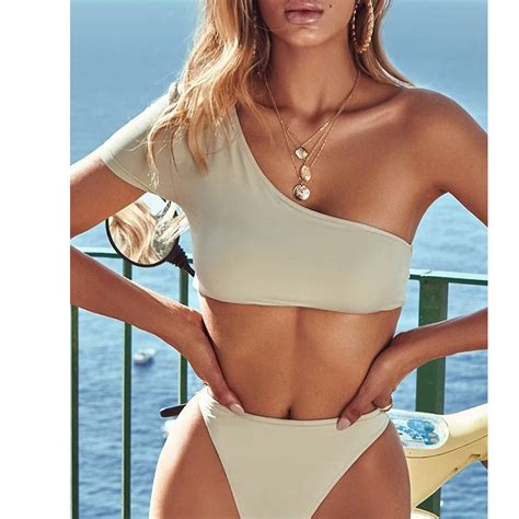 Hl Factory Manufacture Solid Color One Shoulder Sexy Bikini Set Women