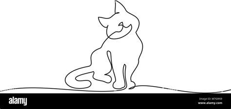 Continuous One Line Drawing Cat Sitting With Curled Tail Vector