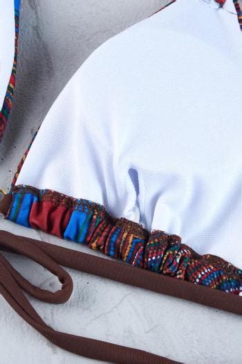 Wholesale Sexy Classic Graphic Printing Padded Halter Neck Triangle Self Tie Bikini Set BA