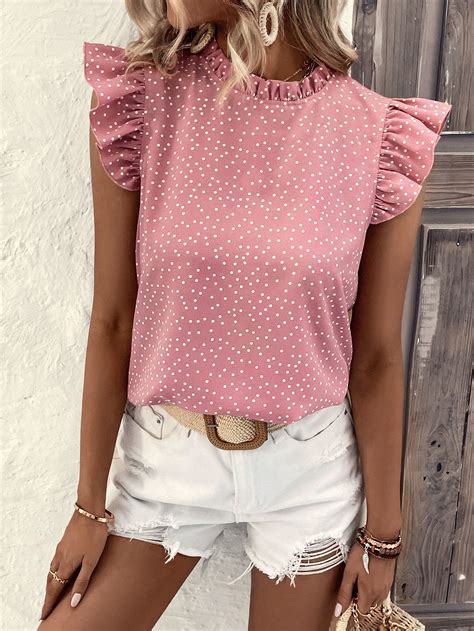 SHEIN VCAY Polka Dot Ruffle Trim Blouse SHEIN USA