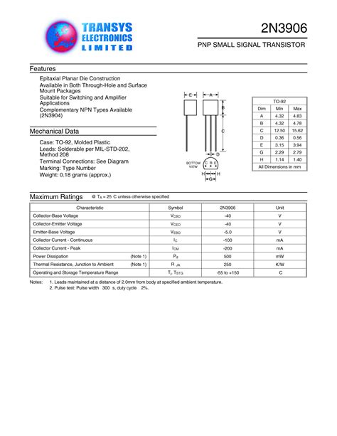 2n3906 Datasheet Pdf Pinout Pnp Small Signal Transistor