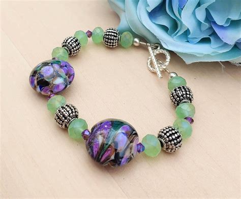 Purple And Green Artisan Lampwork And Glass Beaded Bracelet Etsy