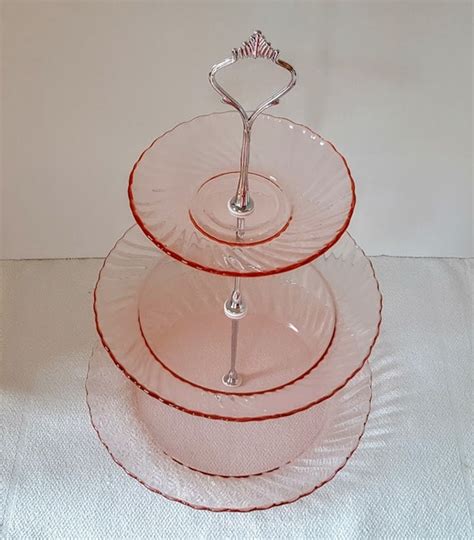 Sale 3 Tier Pink Depression Glass Cake Tea Stand Dessert