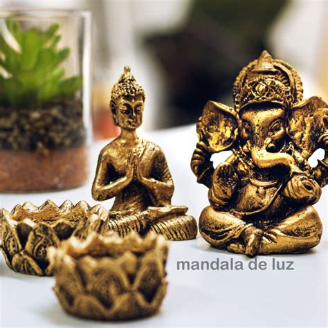 Kit Mini Estátua Ganesha Buda Hindu Resina 2 Castiçais ou