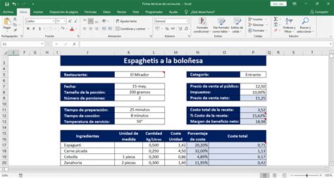 Fichas Técnicas De Cocina Plantilla Excel Profesional